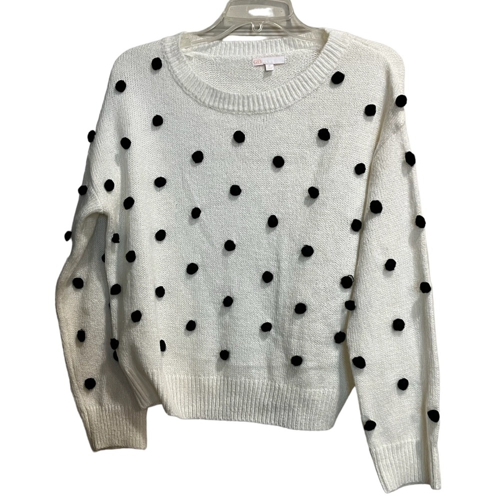 GB Women's S Sweater White/Black Pom Pom Wool Blend Long Sleeve Crew Neck